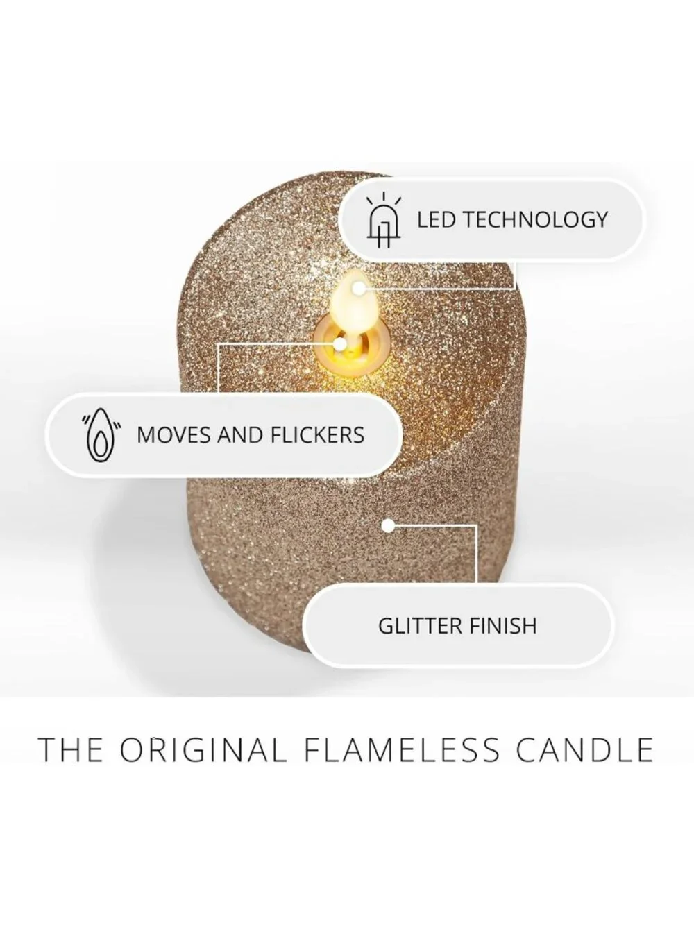 Realistic LED Moving Flame Pillar Candle - Gold Glitter, Battery Operated